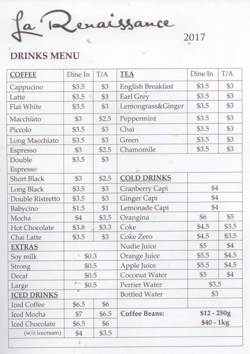 Menu, La Renaissance Patisserie & Cafe