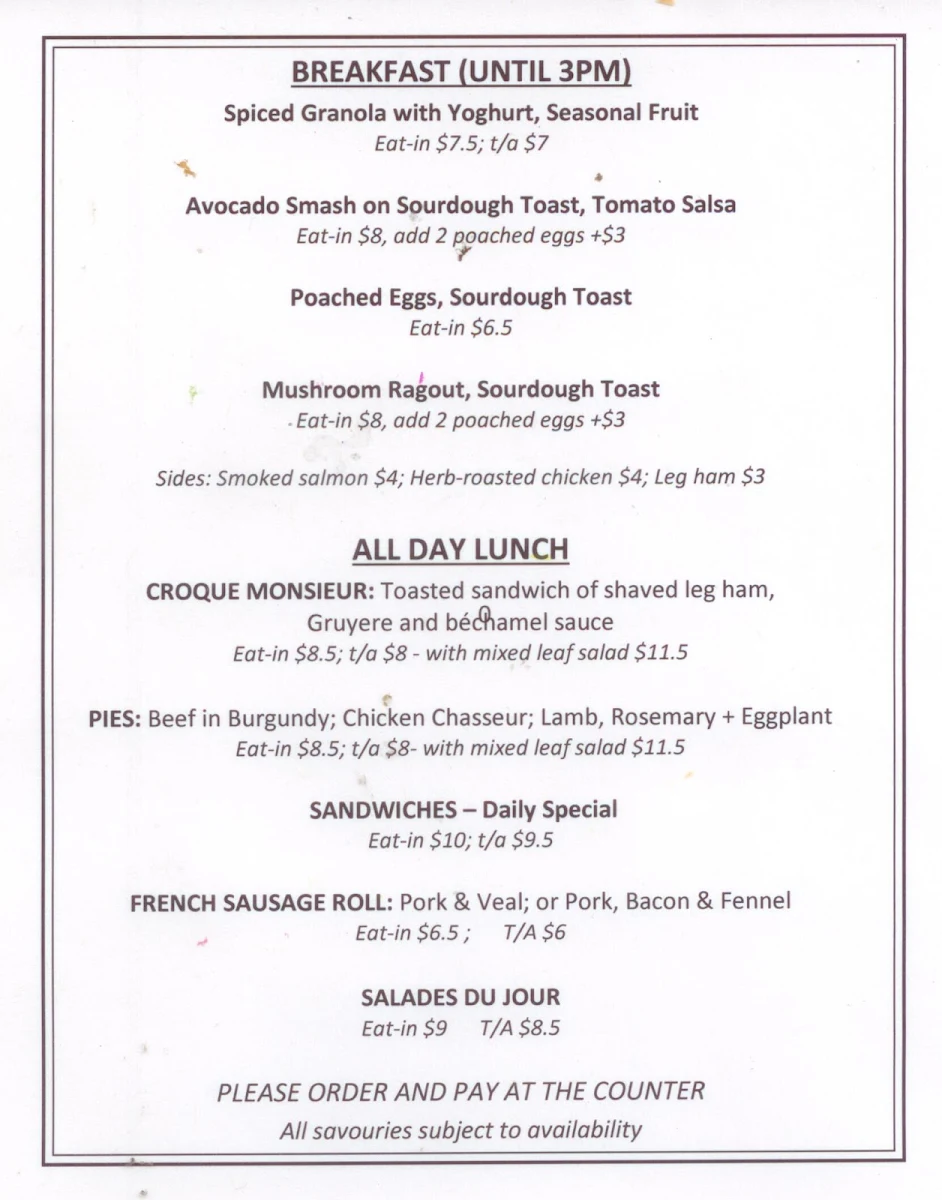 Menu, La Renaissance Patisserie & Cafe