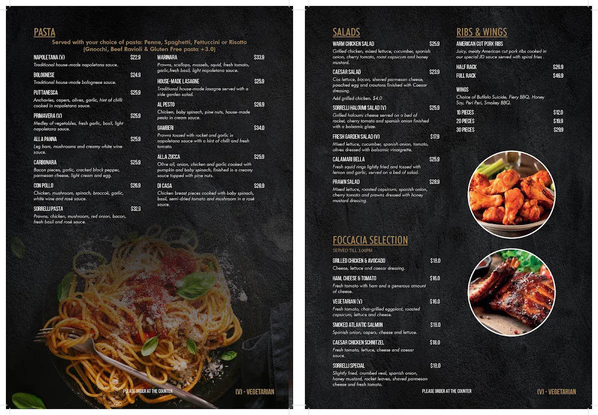 Menu, Sorrelli Cafe Ristorante