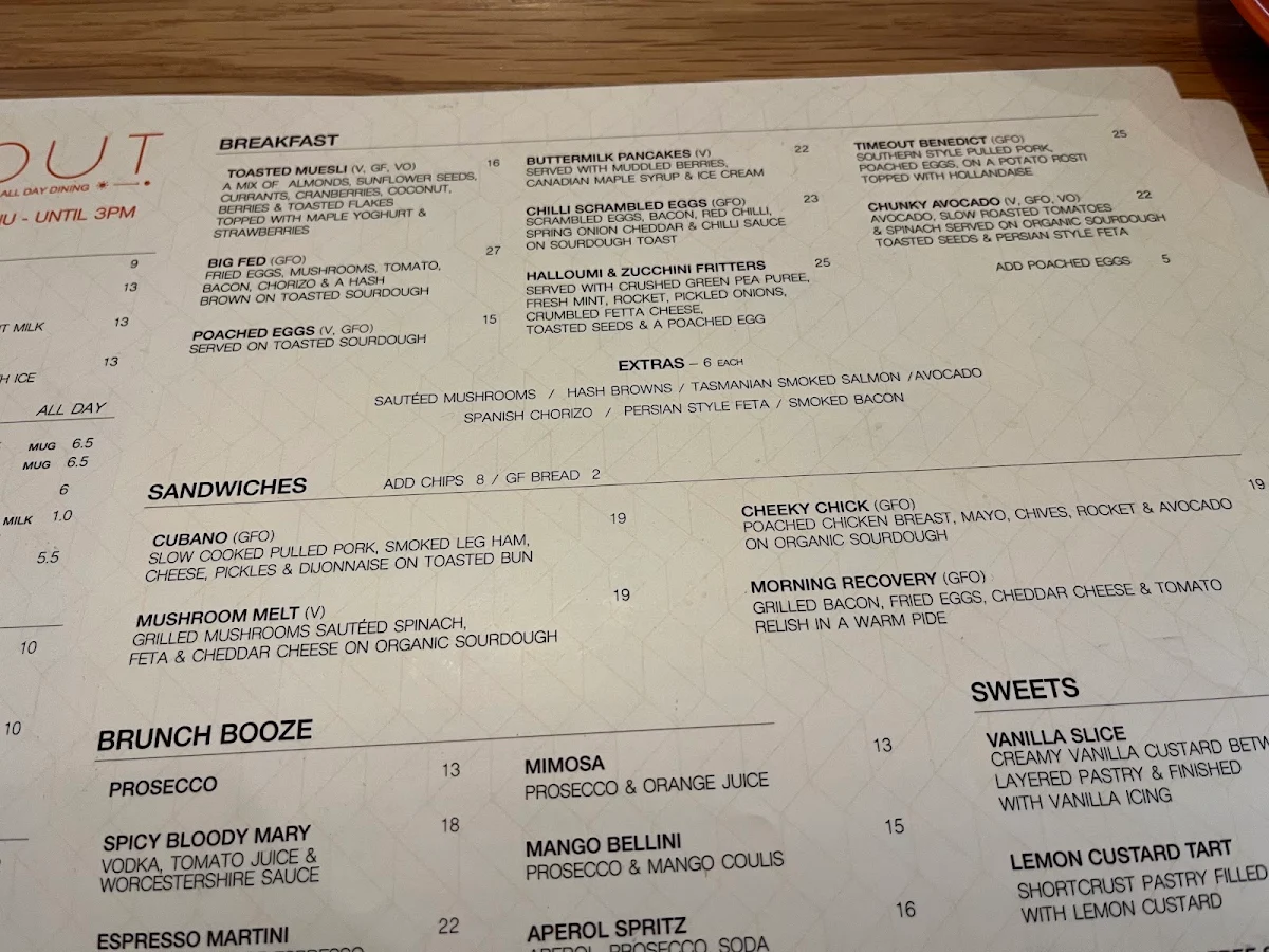 Menu, Time Out Fed Square