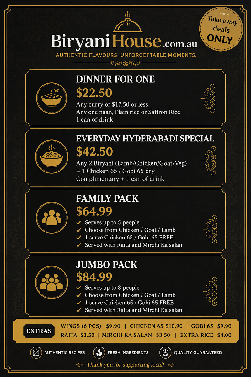 Menu, Biryani House