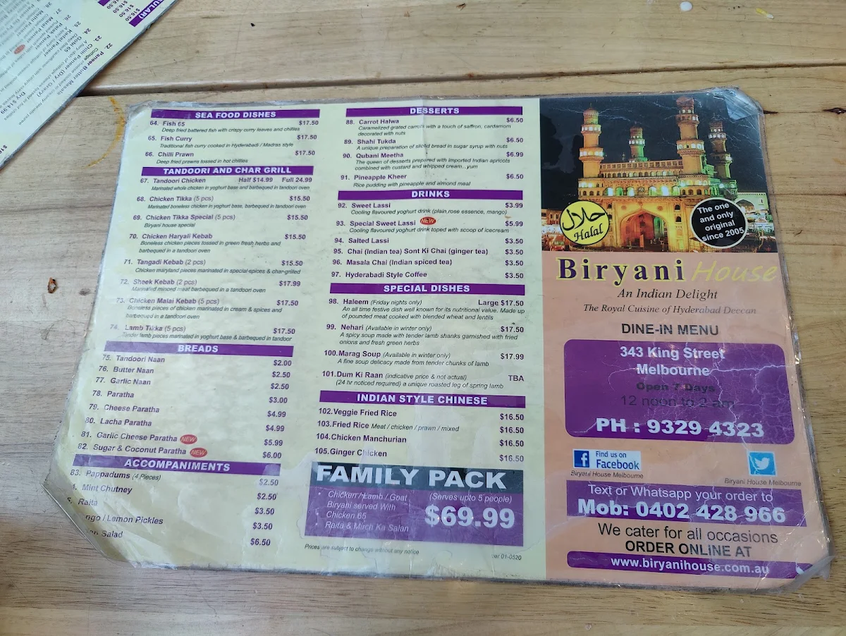 Menu, Biryani House