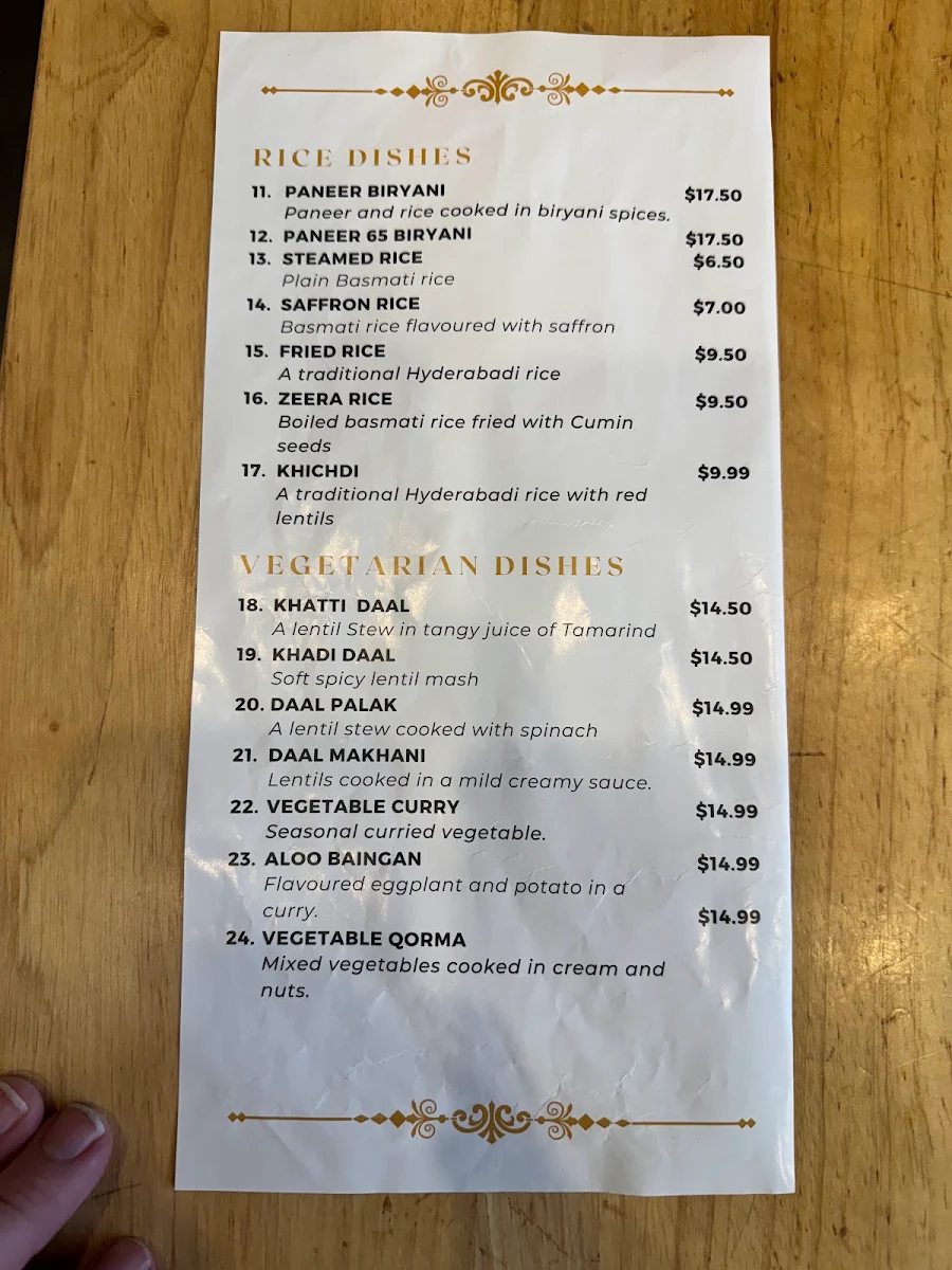 Menu, Biryani House