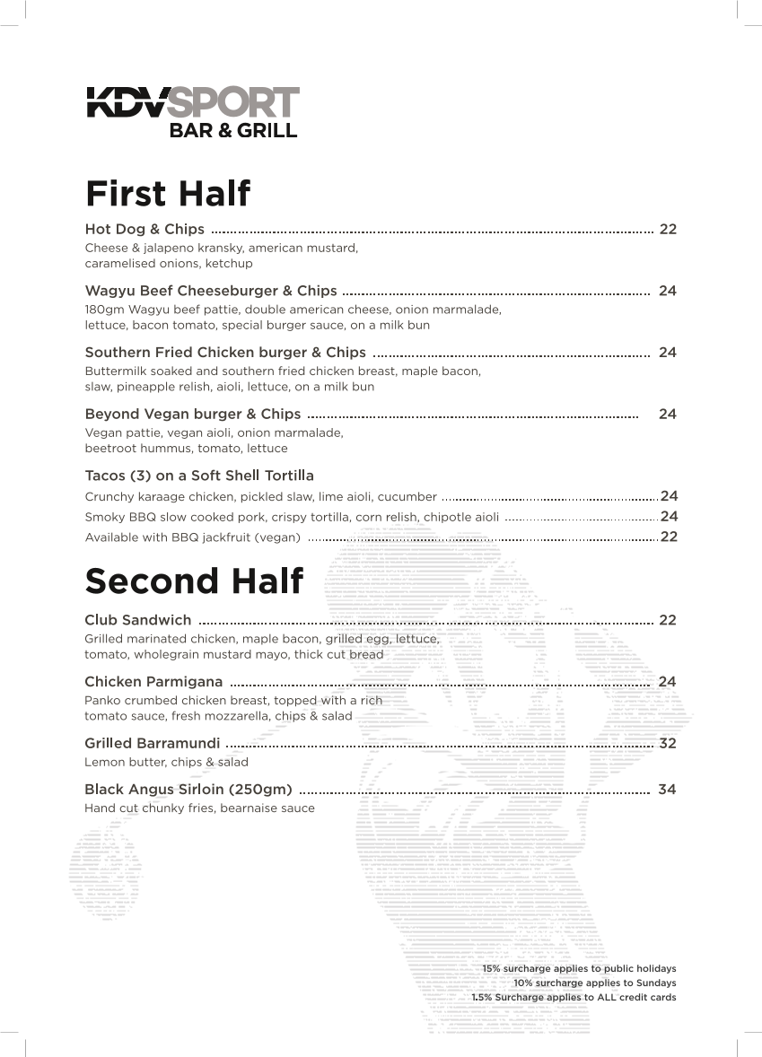Menu, KDV Sport Bar & Grill