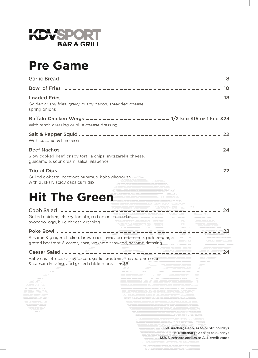 Menu, KDV Sport Bar & Grill