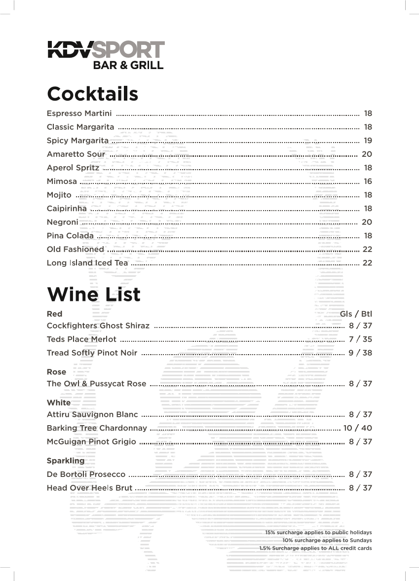 Menu, KDV Sport Bar & Grill