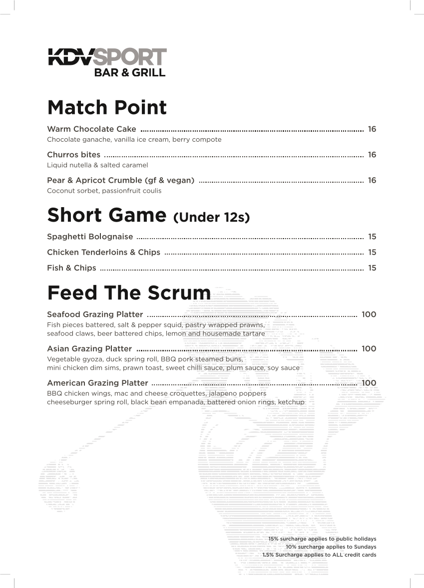 Menu, KDV Sport Bar & Grill