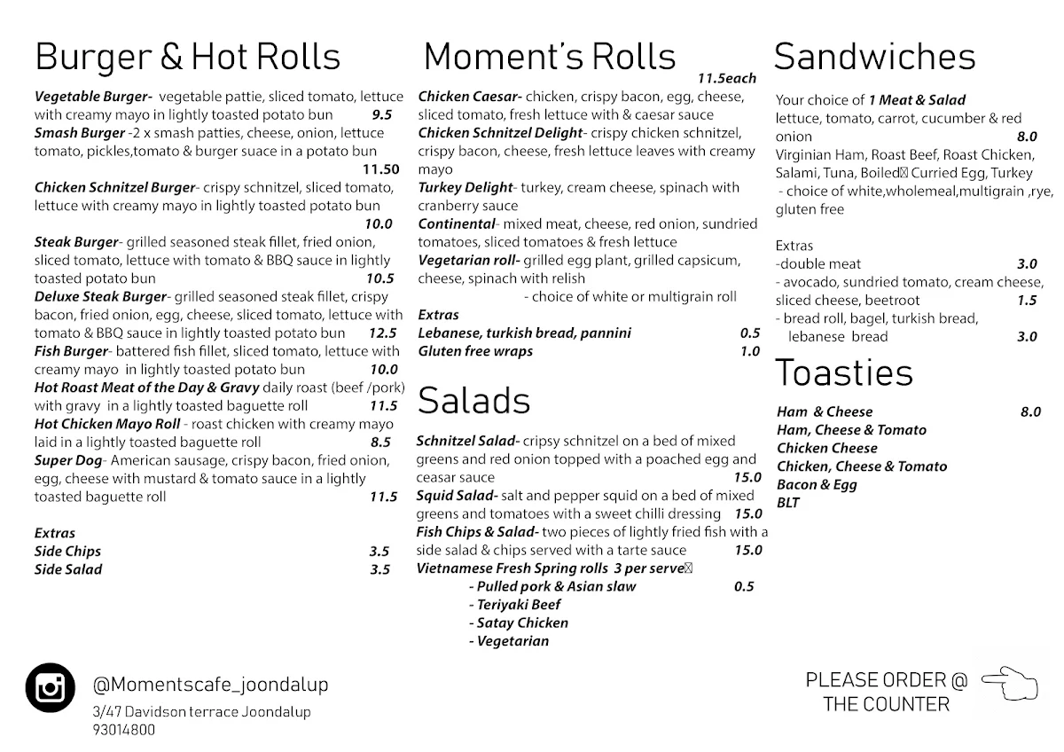 Menu, Moments Cafe