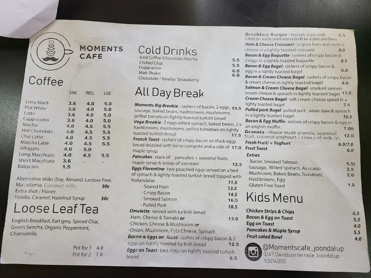 Menu, Moments Cafe