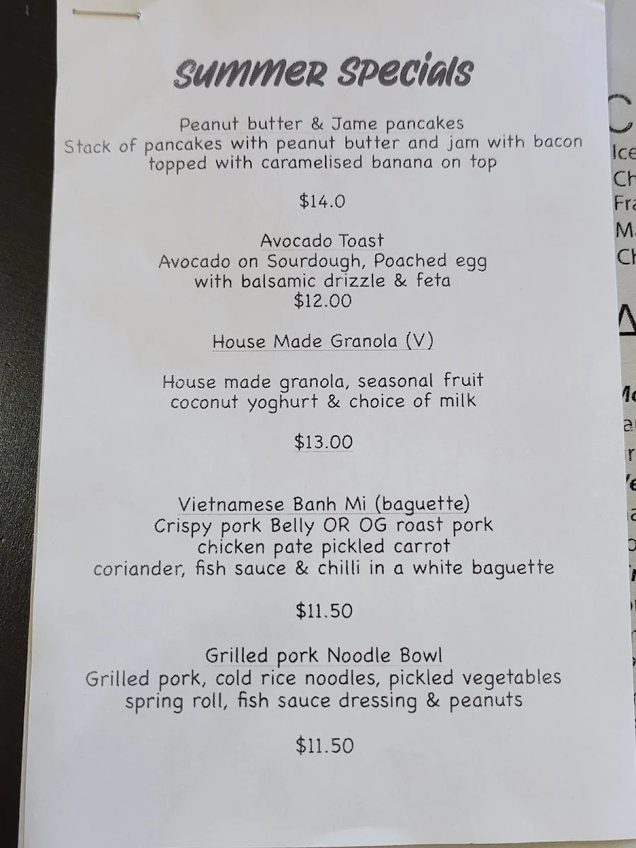 Menu, Moments Cafe