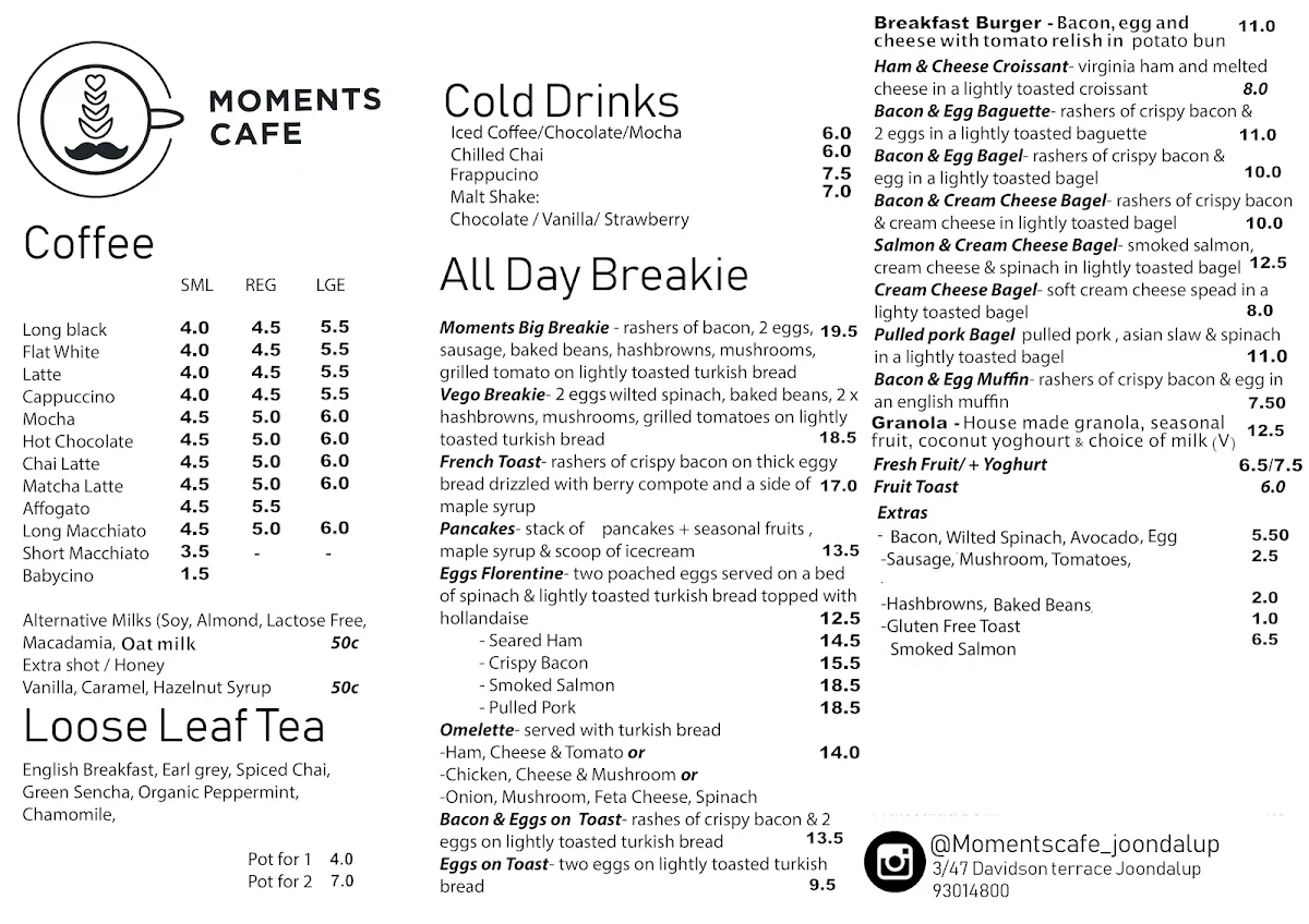 Menu, Moments Cafe