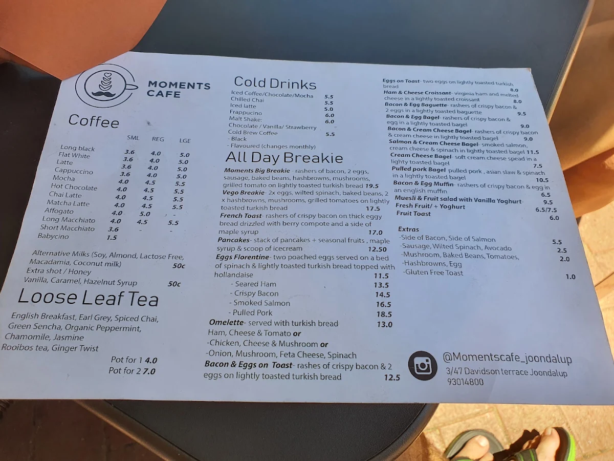 Menu, Moments Cafe