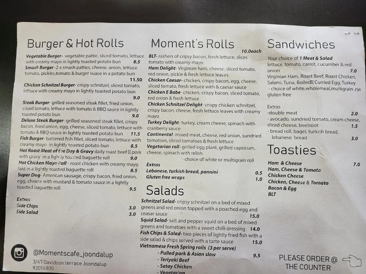 Menu, Moments Cafe
