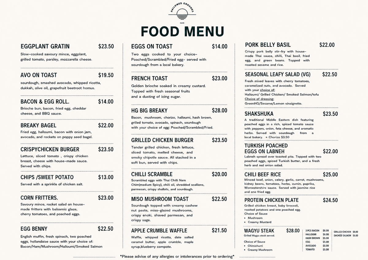 Menu, Hallowed grounds cafe carseldine