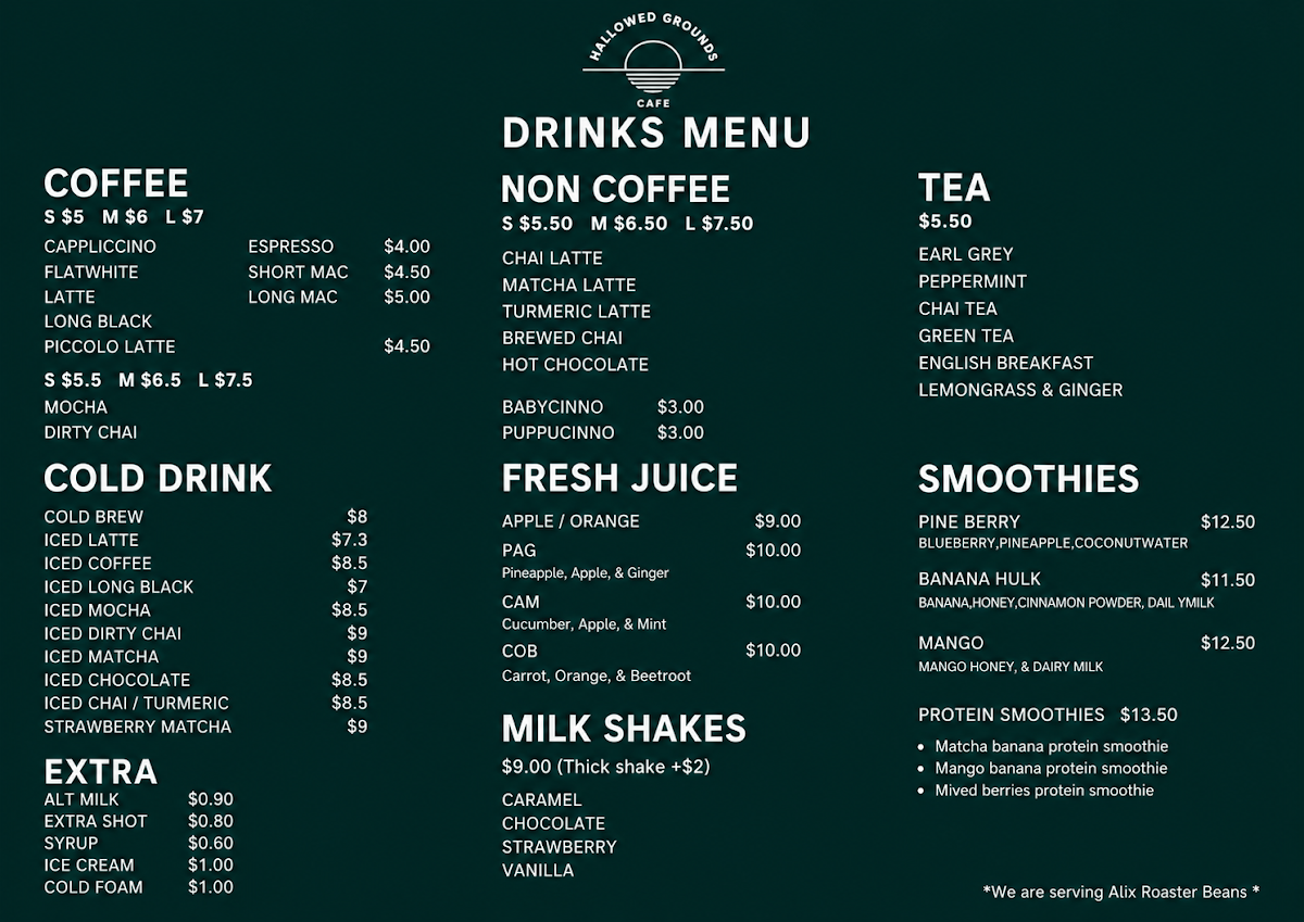 Menu, Hallowed grounds cafe carseldine