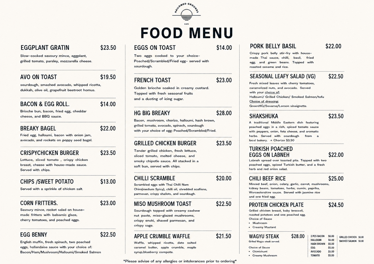 Menu, Hallowed grounds cafe carseldine