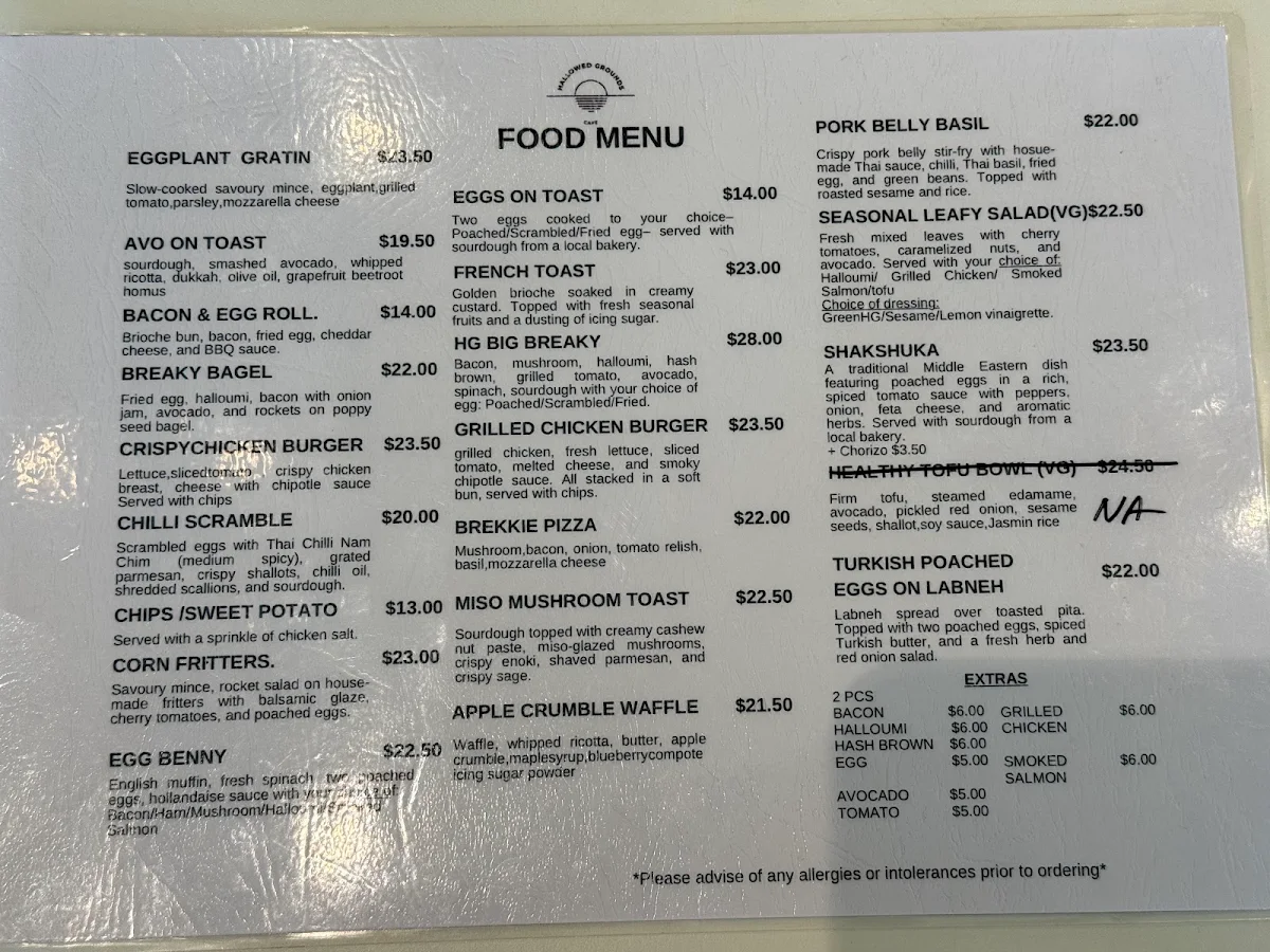 Menu, Hallowed grounds cafe carseldine