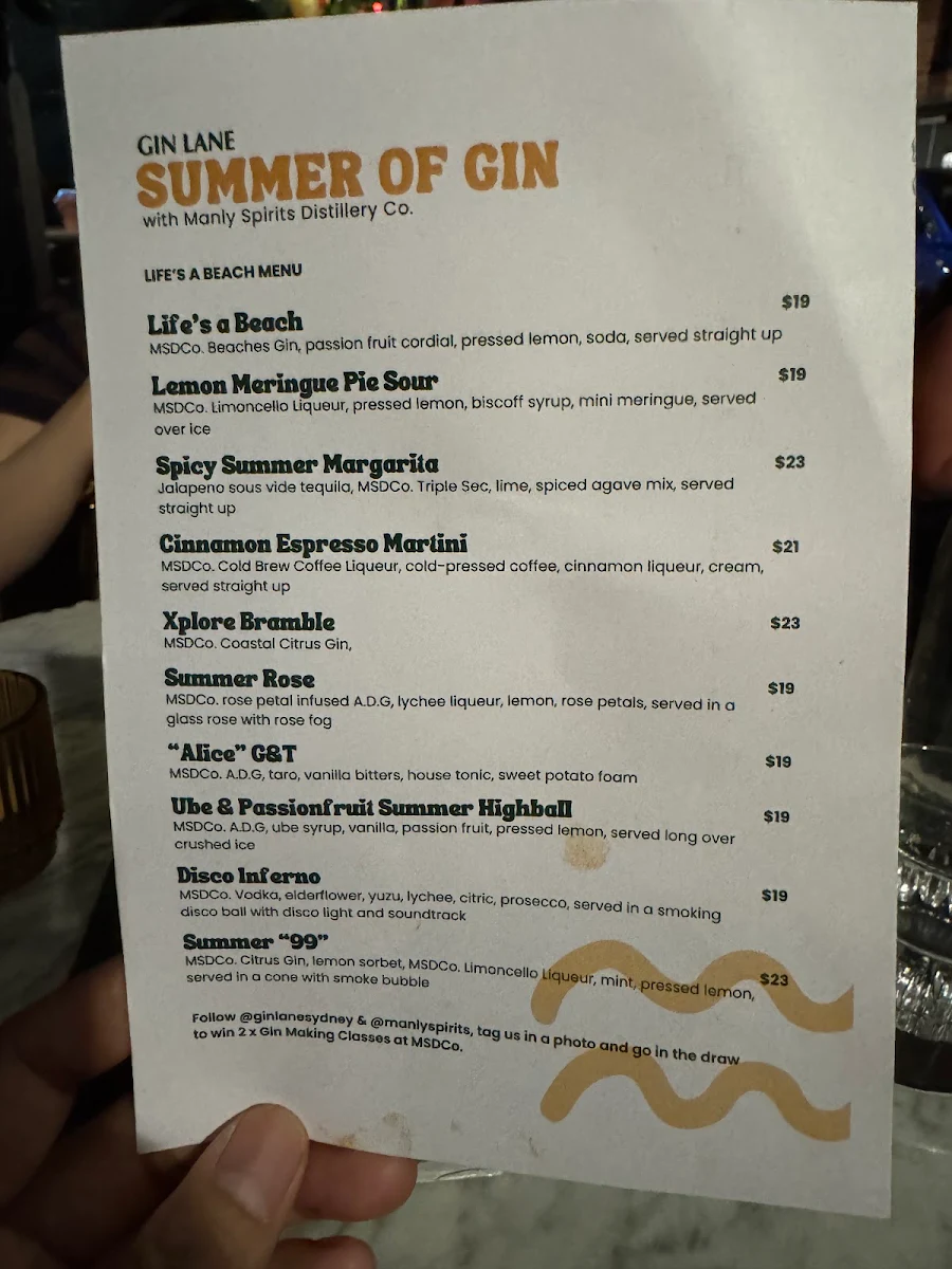 Menu, Gin Lane Sydney Cocktails & Dining