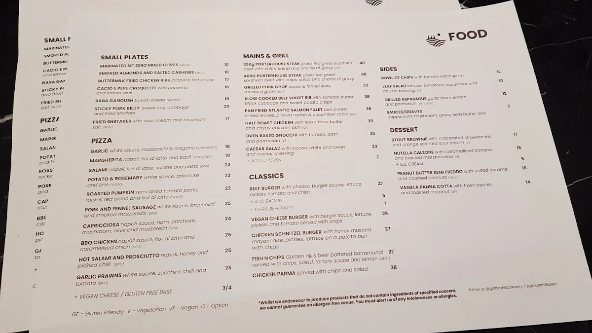 Menu, Golden Hills Brewery