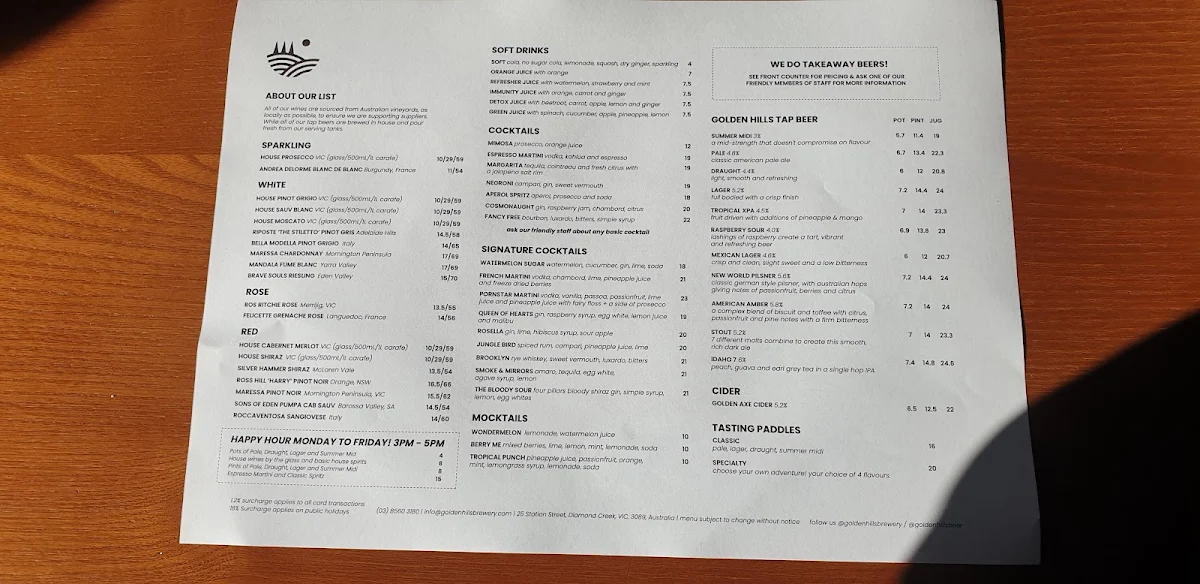 Menu, Golden Hills Brewery