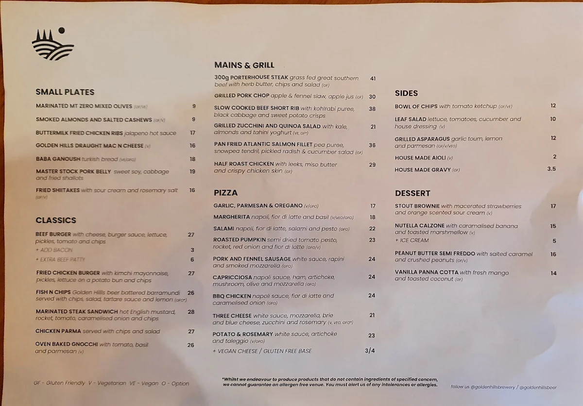 Menu, Golden Hills Brewery