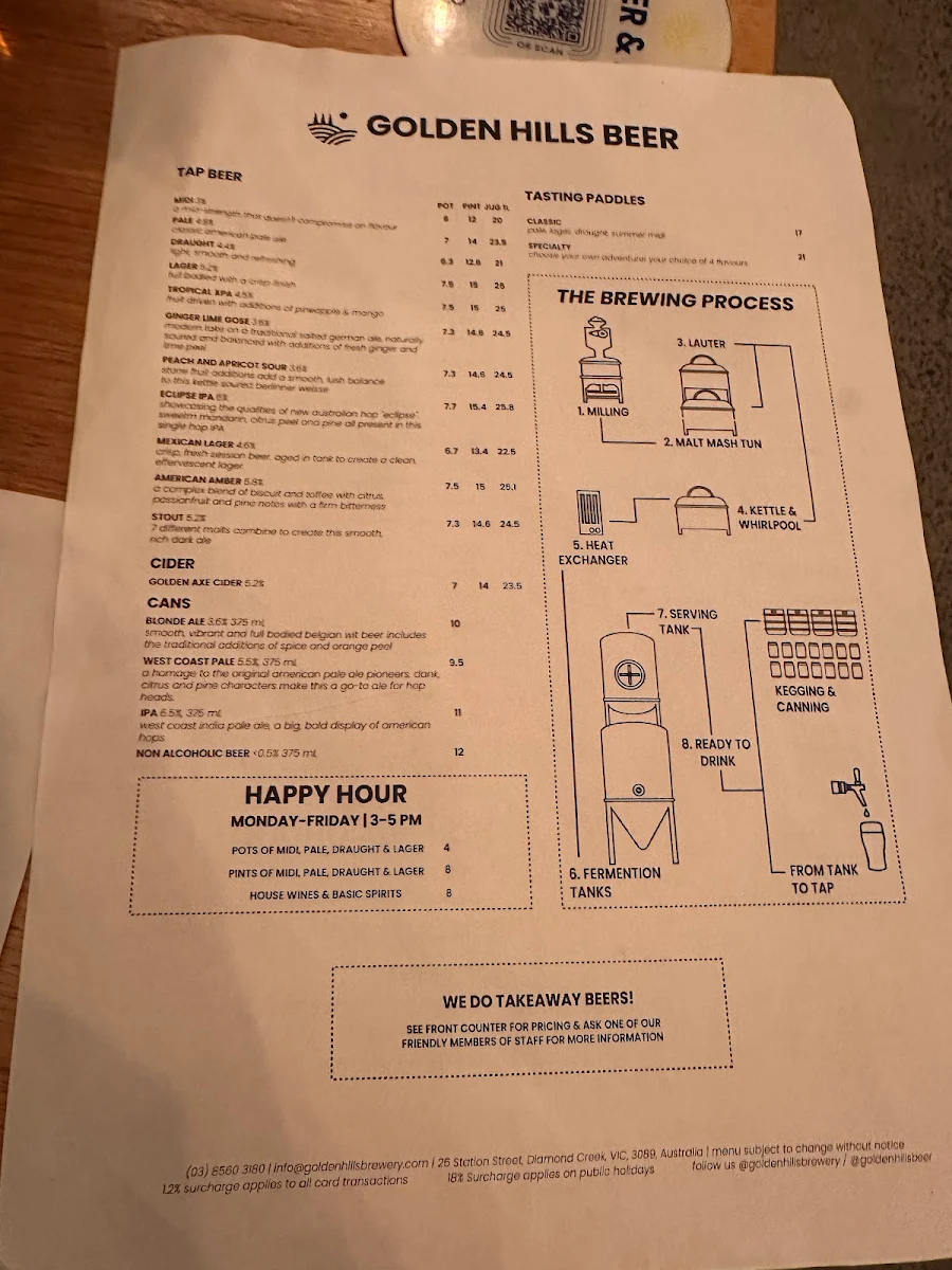 Menu, Golden Hills Brewery