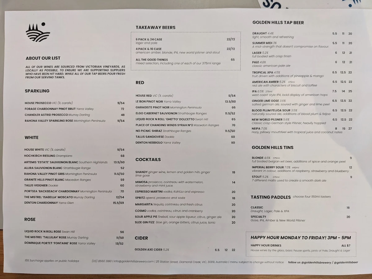 Menu, Golden Hills Brewery