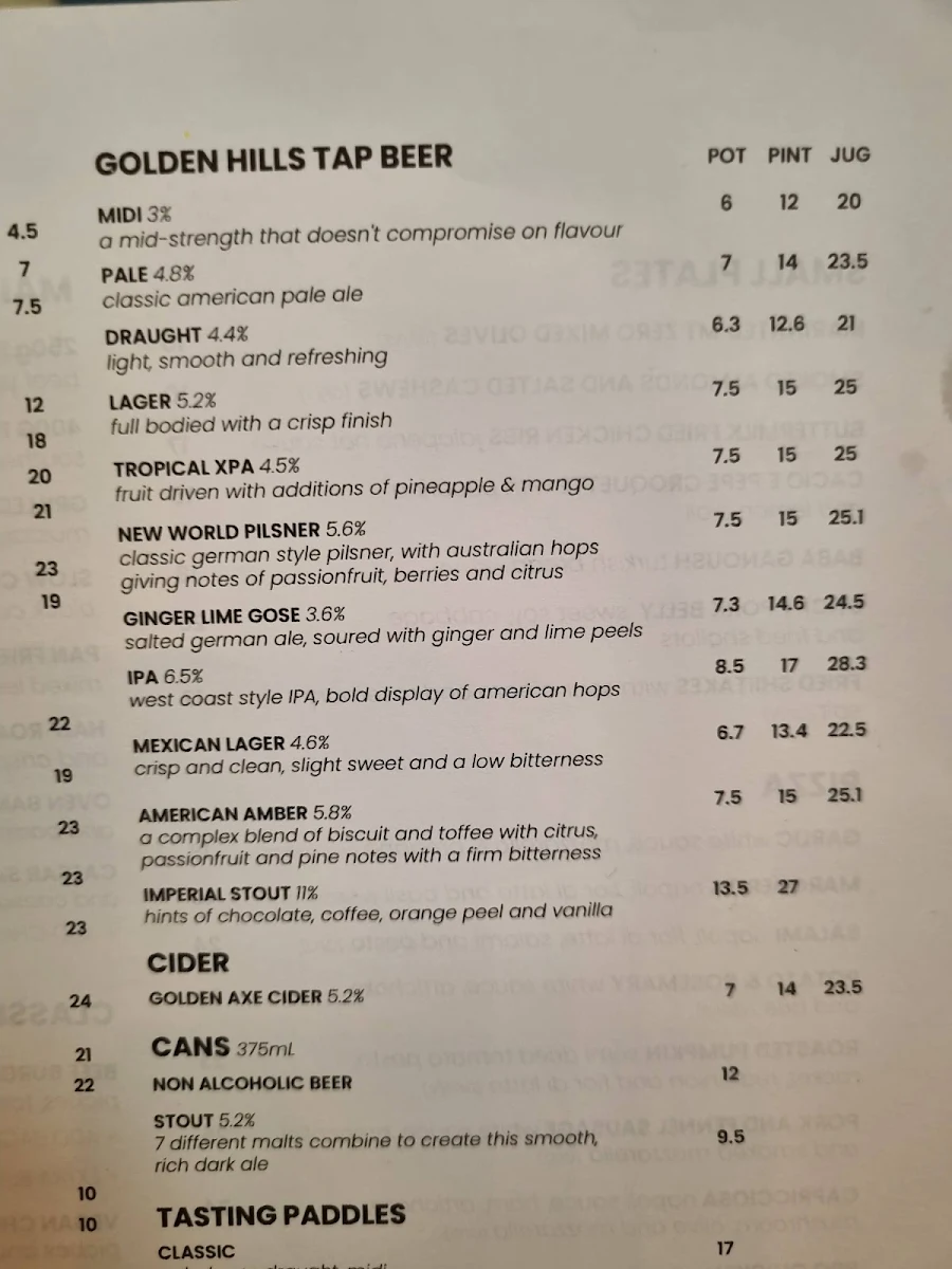 Menu, Golden Hills Brewery
