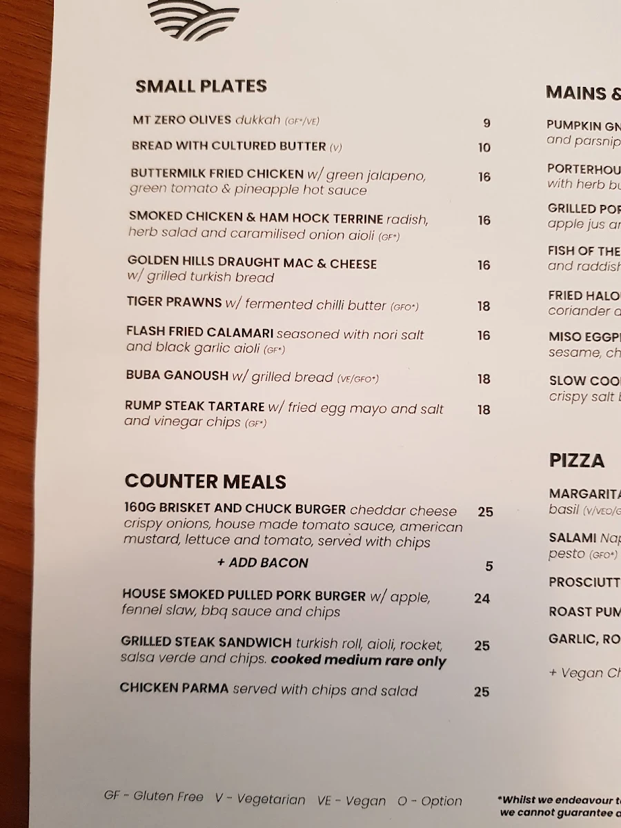 Menu, Golden Hills Brewery