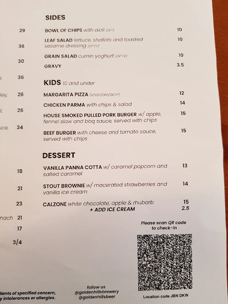 Menu, Golden Hills Brewery