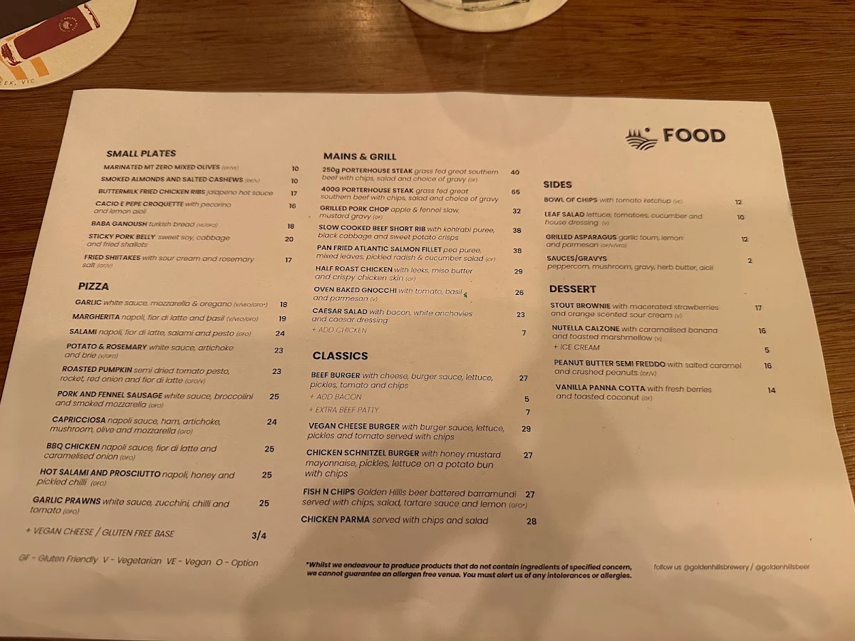 Menu, Golden Hills Brewery