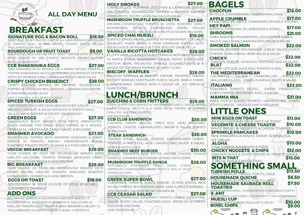 Menu, The Court Coffee Bar