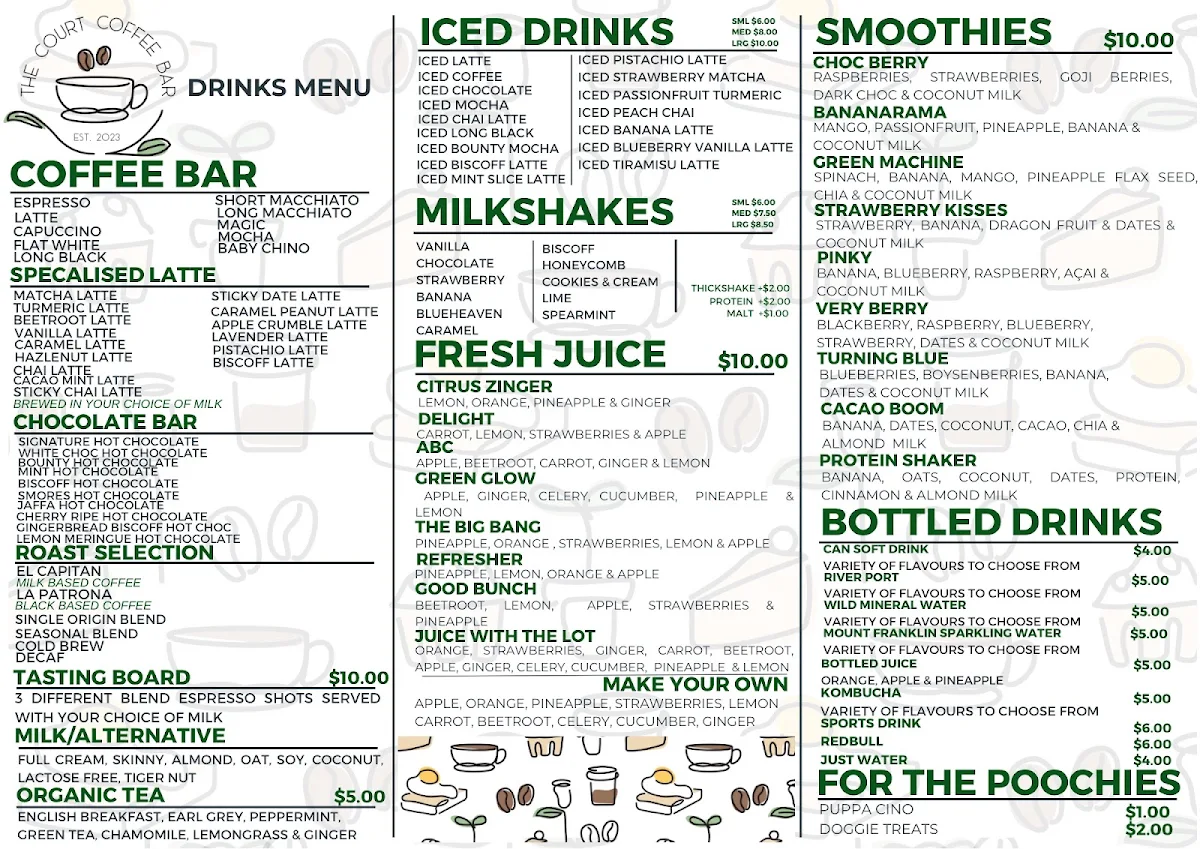 Menu, The Court Coffee Bar