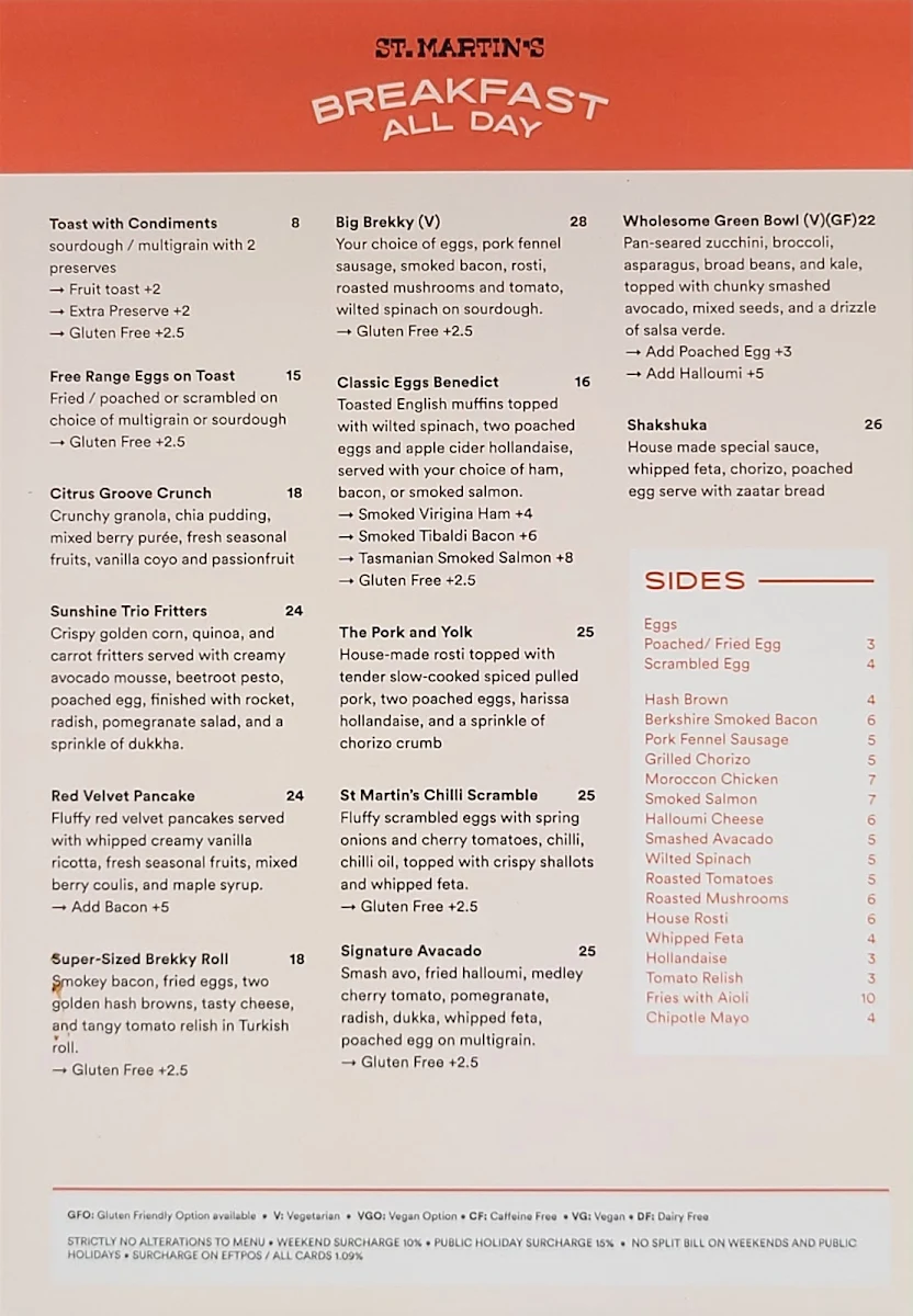 Menu, Saint Martins Cafe