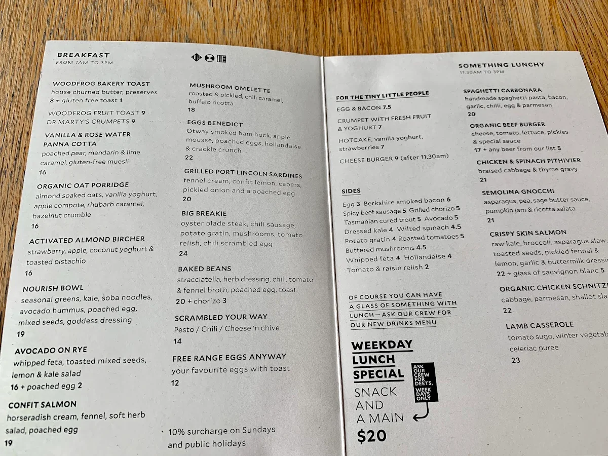 Menu, Saint Martins Cafe