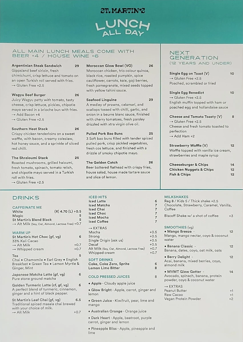 Menu, Saint Martins Cafe