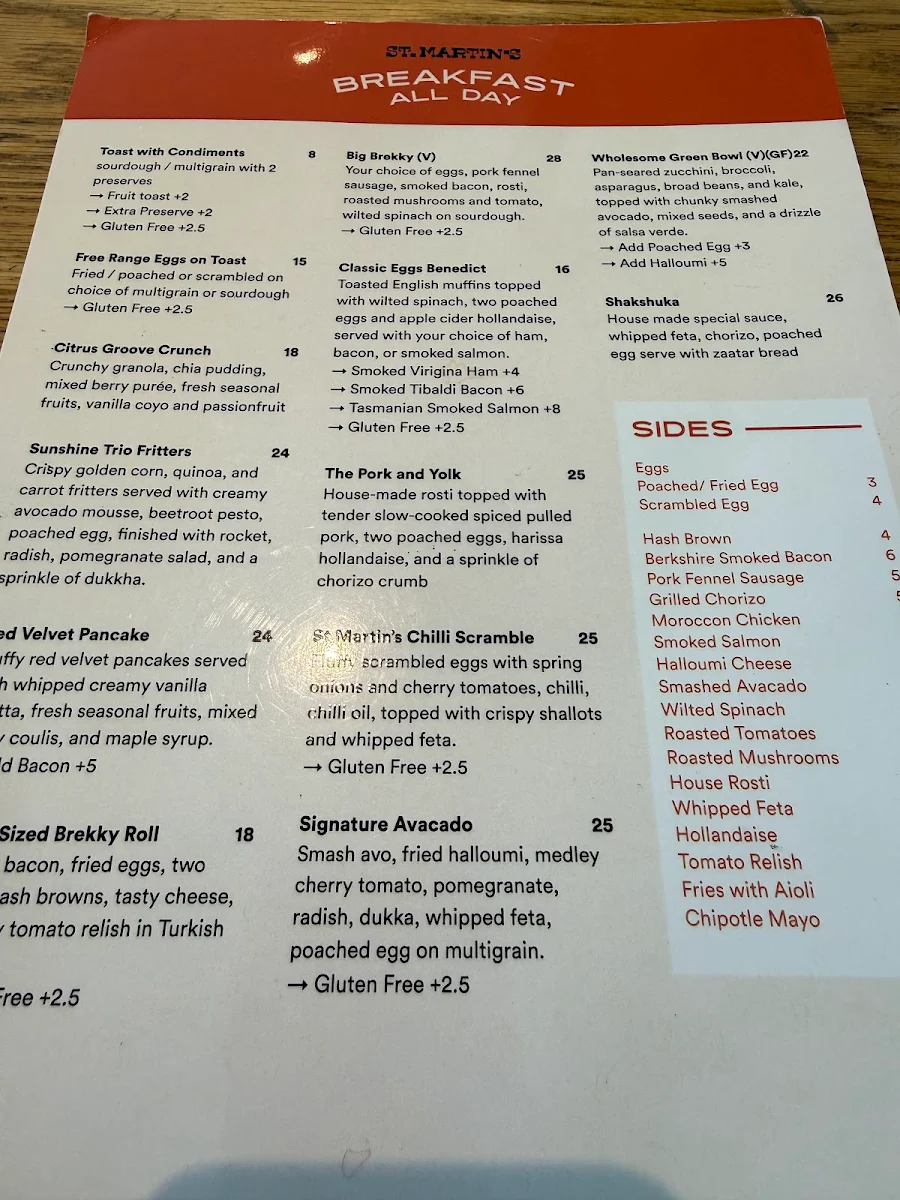 Menu, Saint Martins Cafe
