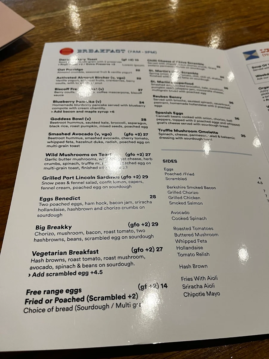 Menu, Saint Martins Cafe