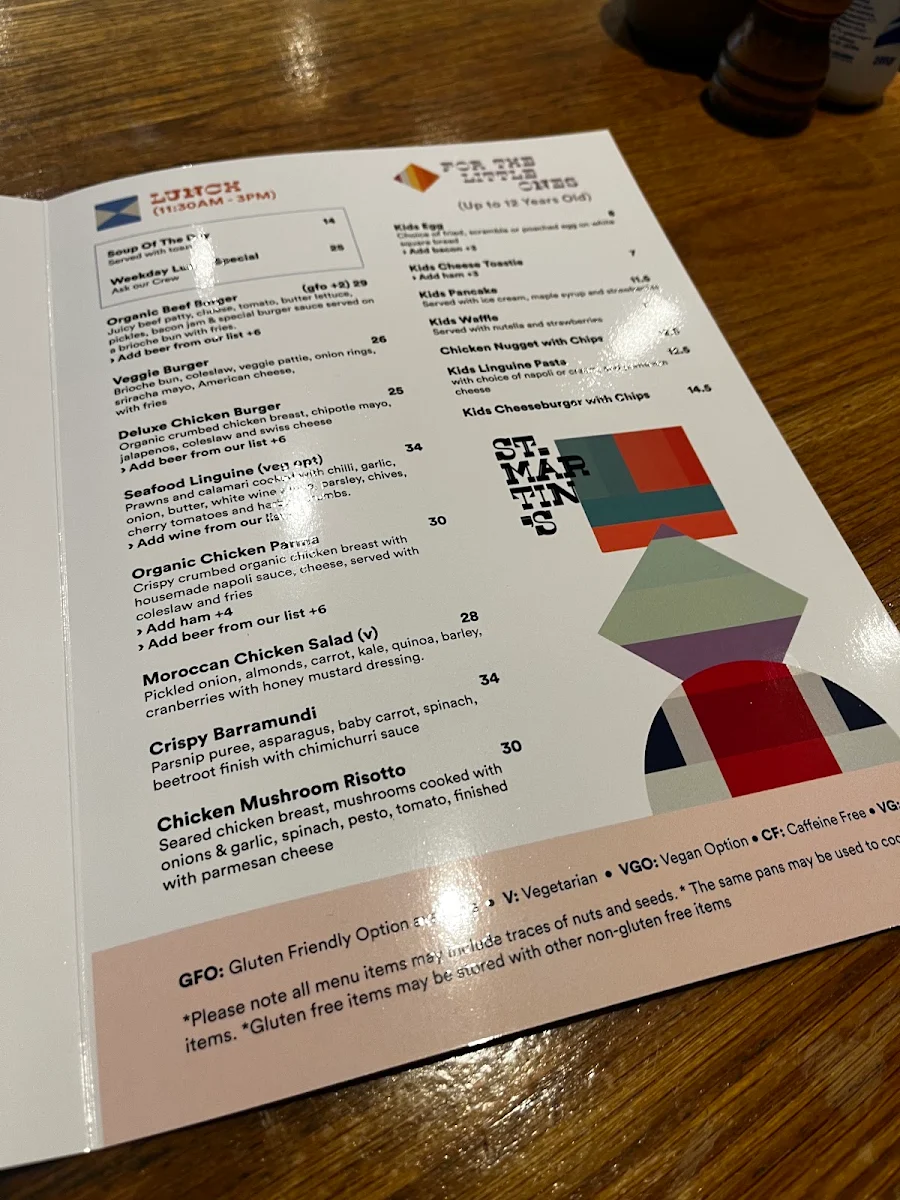Menu, Saint Martins Cafe