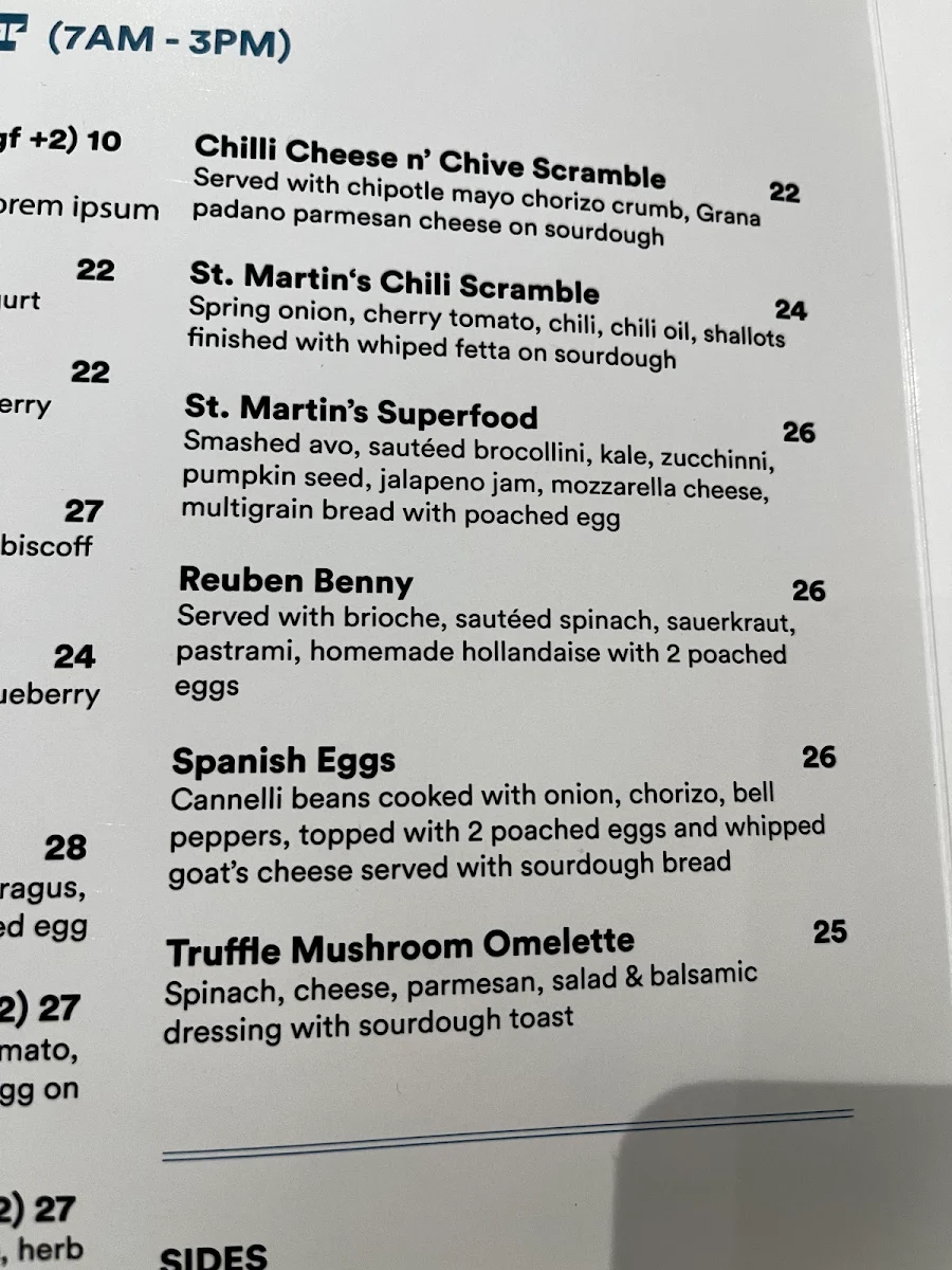 Menu, Saint Martins Cafe