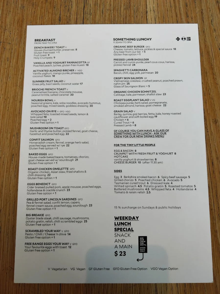 Menu, Saint Martins Cafe