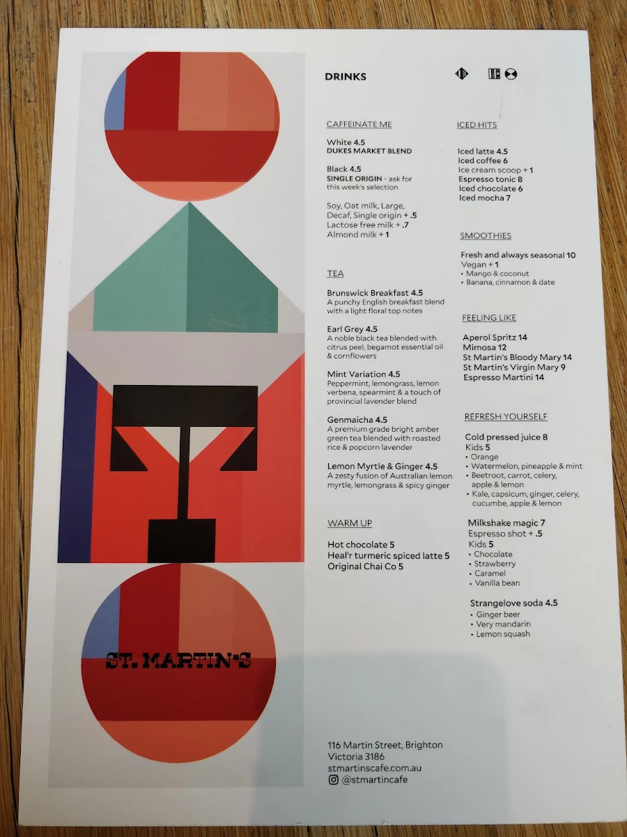 Menu, Saint Martins Cafe