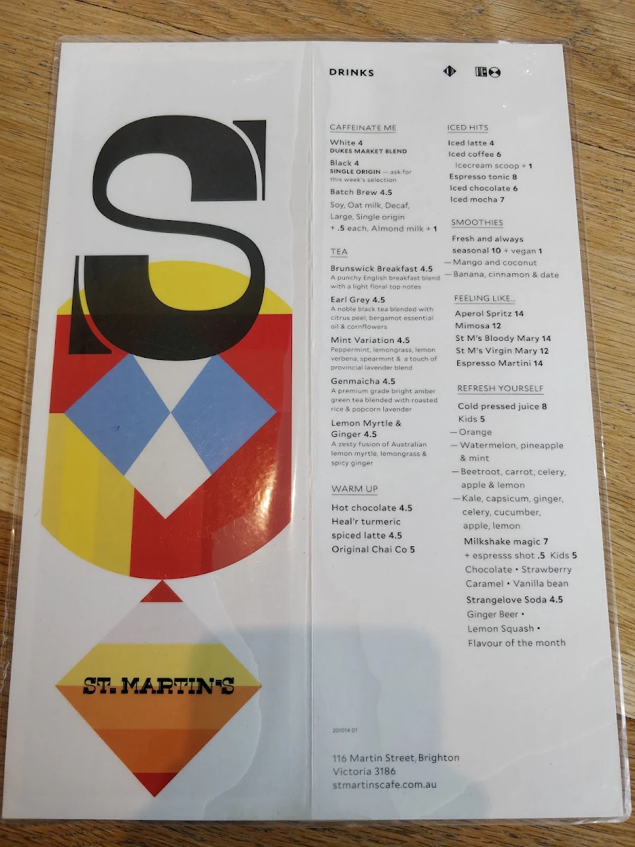 Menu, Saint Martins Cafe