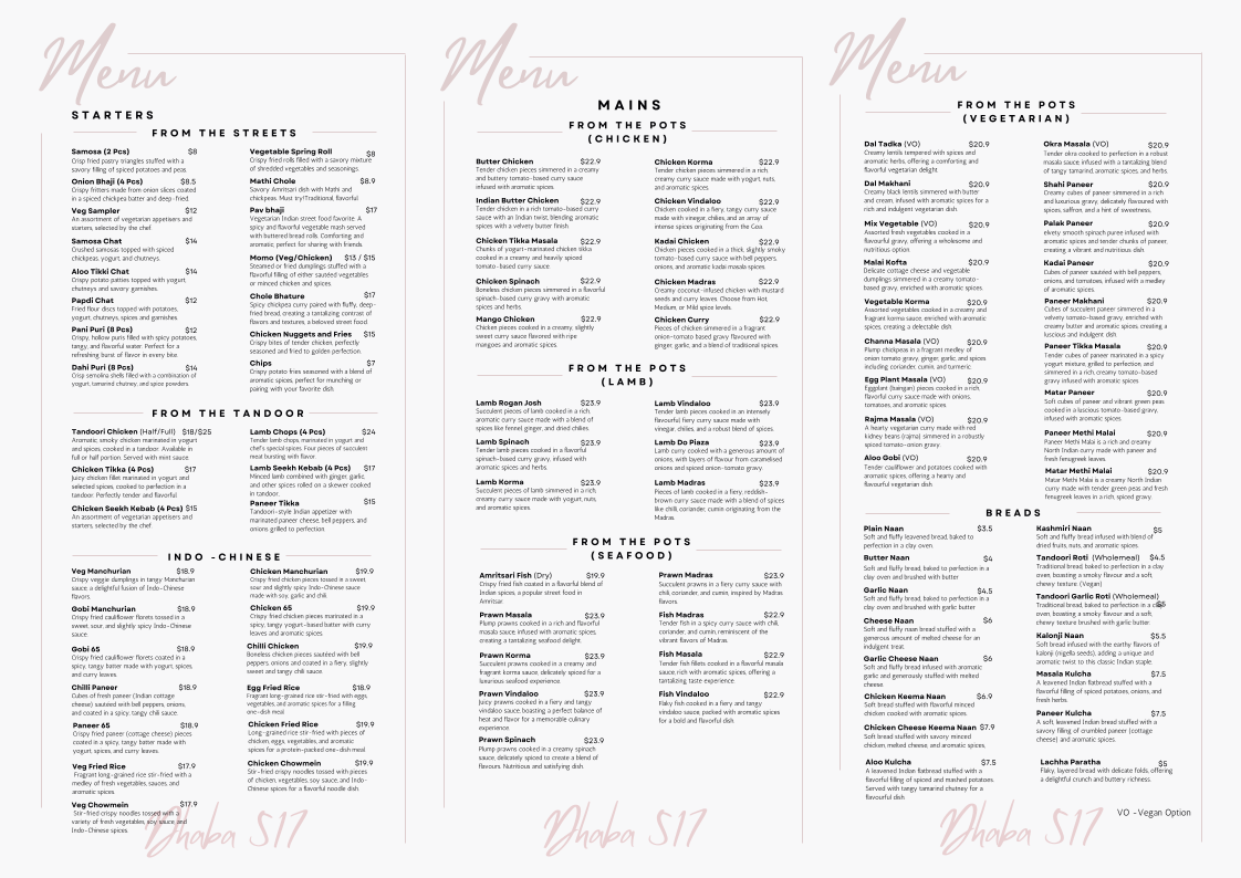 Menu, Dhaba 517