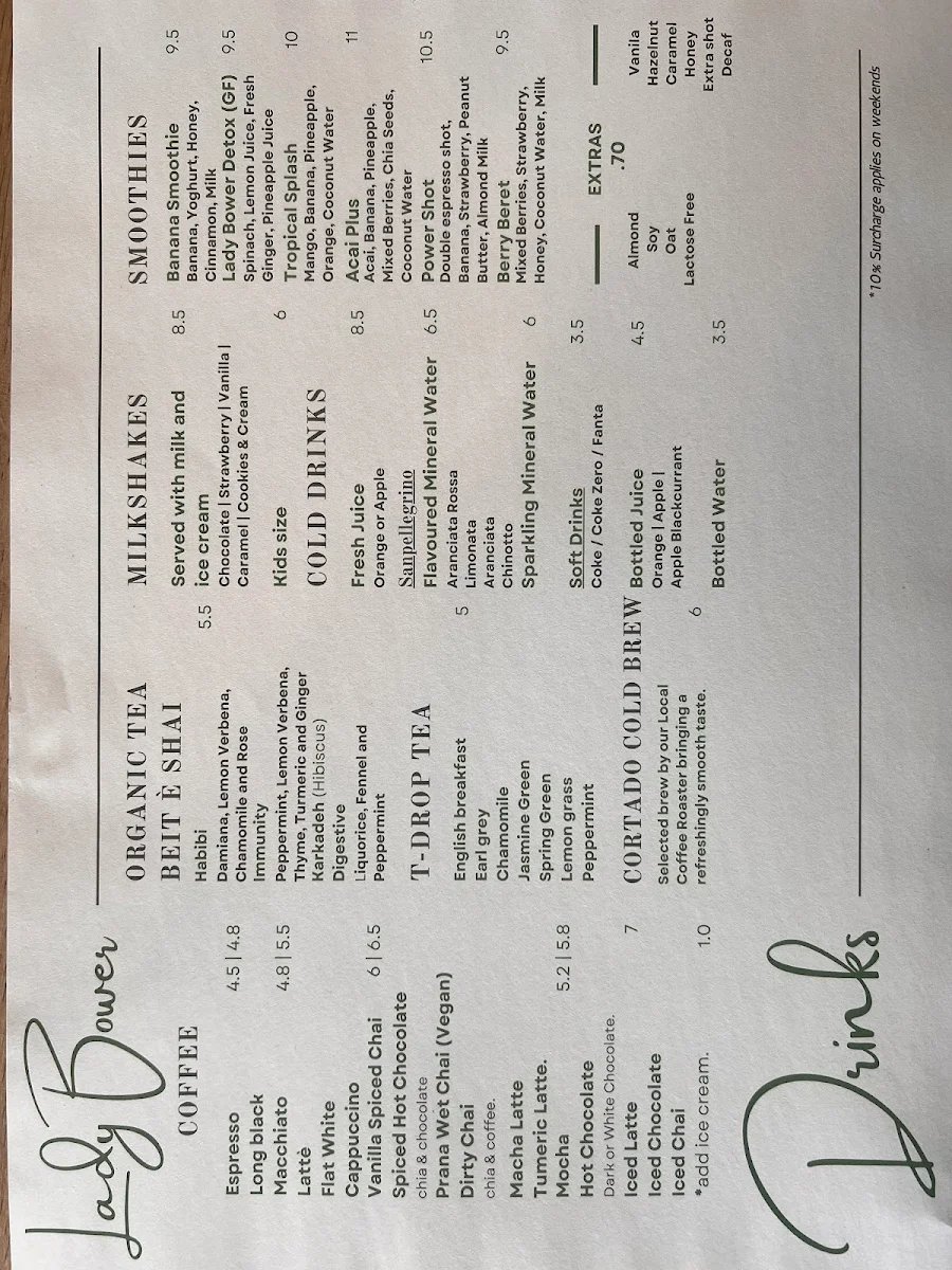Menu, Lady Bower Cafe