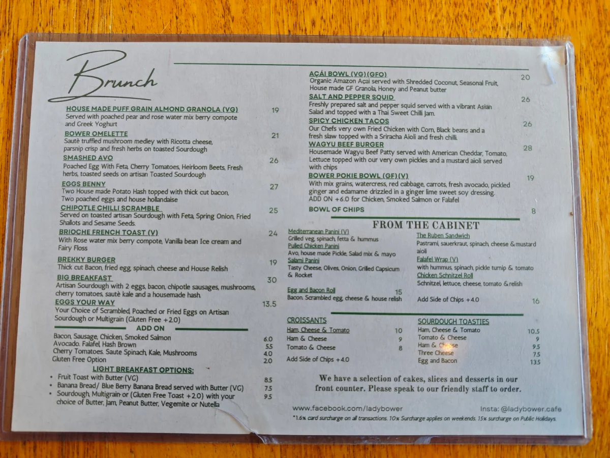 Menu, Lady Bower Cafe