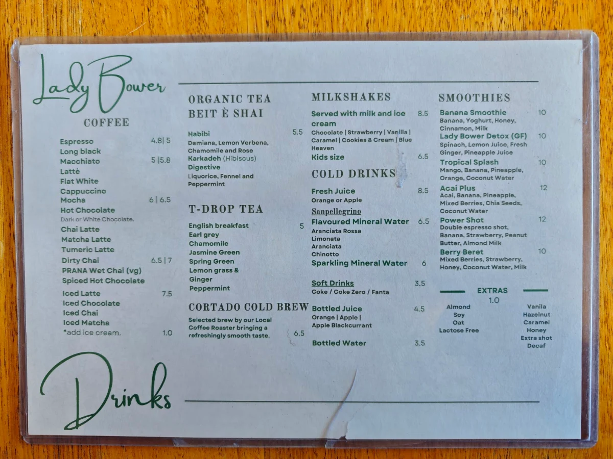 Menu, Lady Bower Cafe