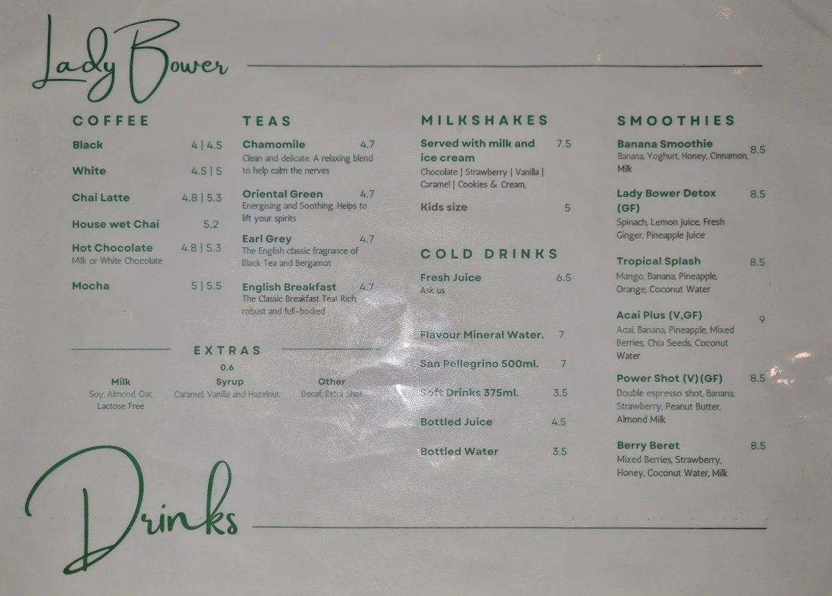 Menu, Lady Bower Cafe