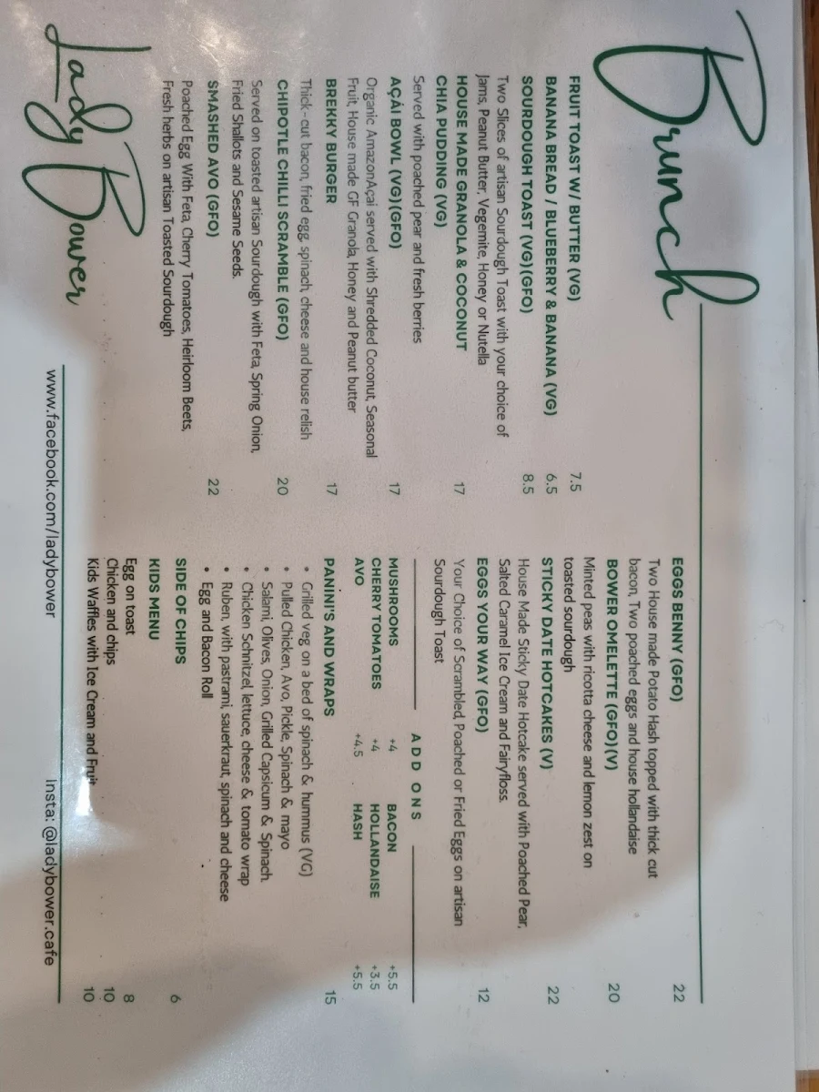 Menu, Lady Bower Cafe
