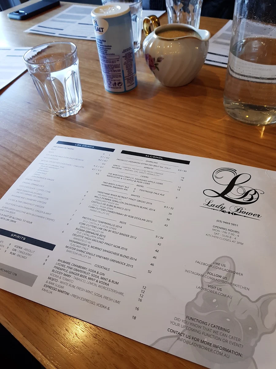 Menu, Lady Bower Cafe